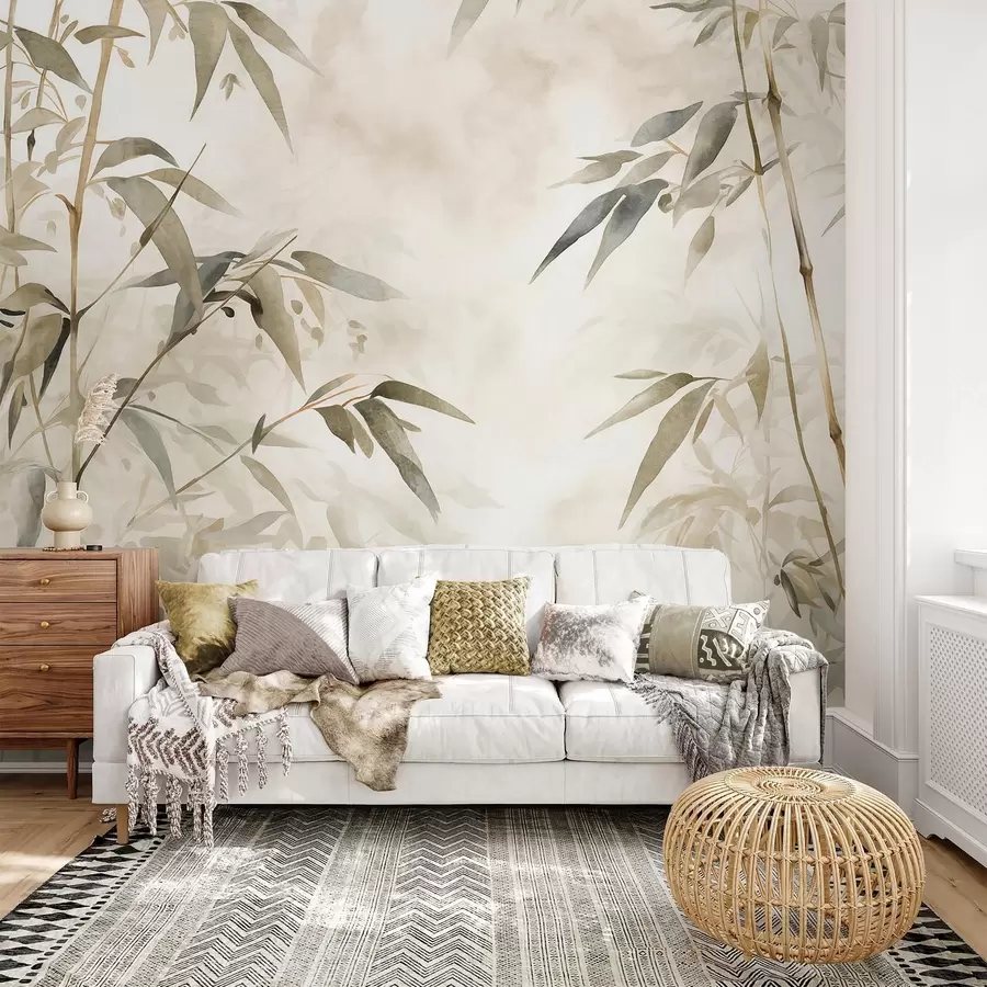 Valokuvatapetti Bambu kuvioitu oksat lehdet vesivärityyliin, pehmeä neutraali väripaletti, vaalea beige tausta w09204