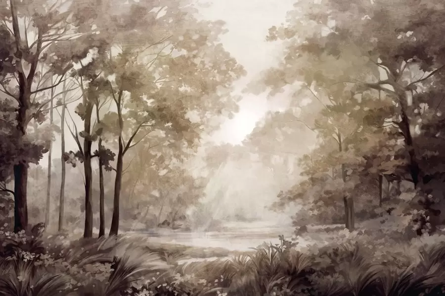 Valokuvatapetti Kuvioitu metsämaisema, puita, joissa on beigejä ja ruskeita lehtiä, pastellivärimaailmaa w09210