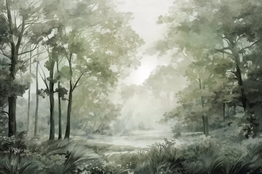 Valokuvatapetti Kuvioitu metsämaisema, puita vihreillä lehdillä, pastellivärimaailmaa w09210v2