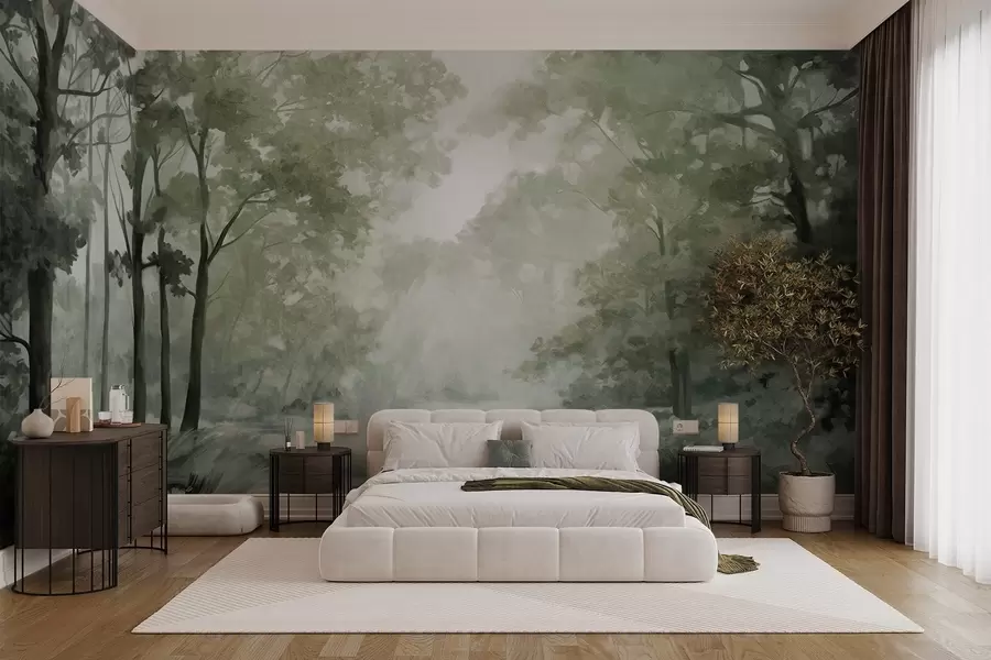 Valokuvatapetti Kuvioitu metsämaisema, puita vihreillä lehdillä, pastellivärimaailmaa w09210v2