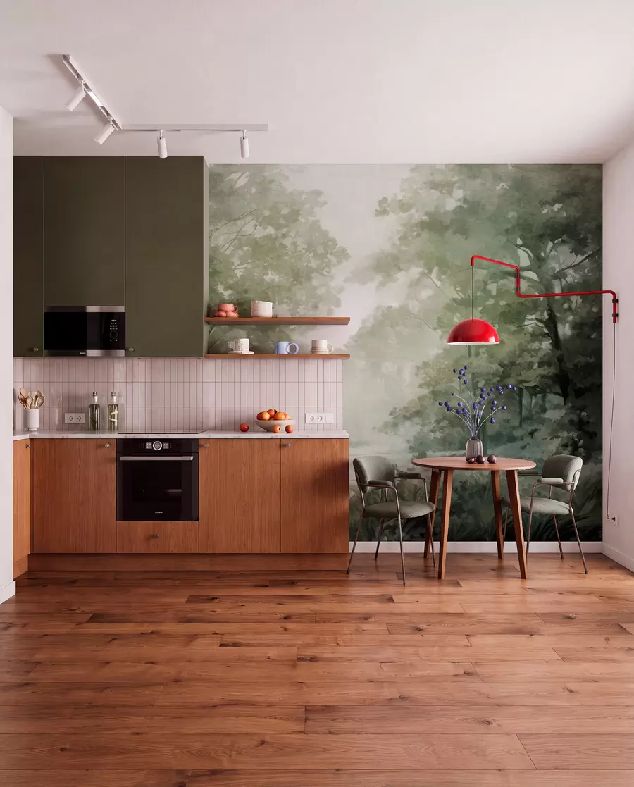 Valokuvatapetti Kuvioitu metsämaisema, puita vihreillä lehdillä, pastellivärimaailmaa w09210v2