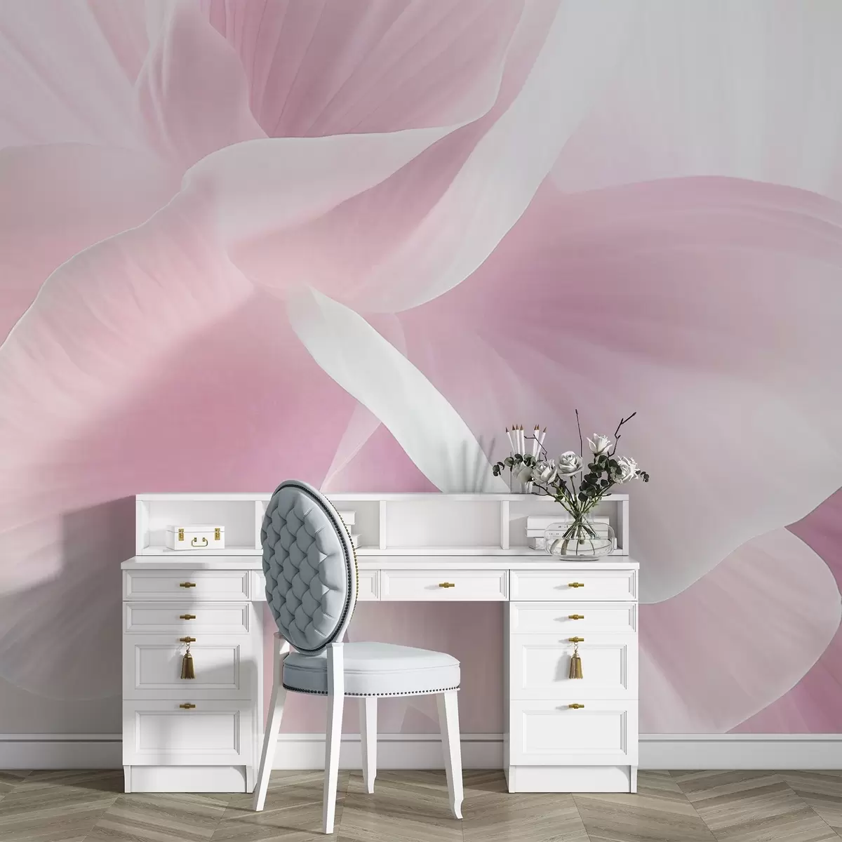 Valokuvatapetti Abstrakti kuvioitu kukka, jossa on herkät terälehdet, pehmeä valaistus, elegantti sommittelu, minimalistinen estetiikka w09211v1