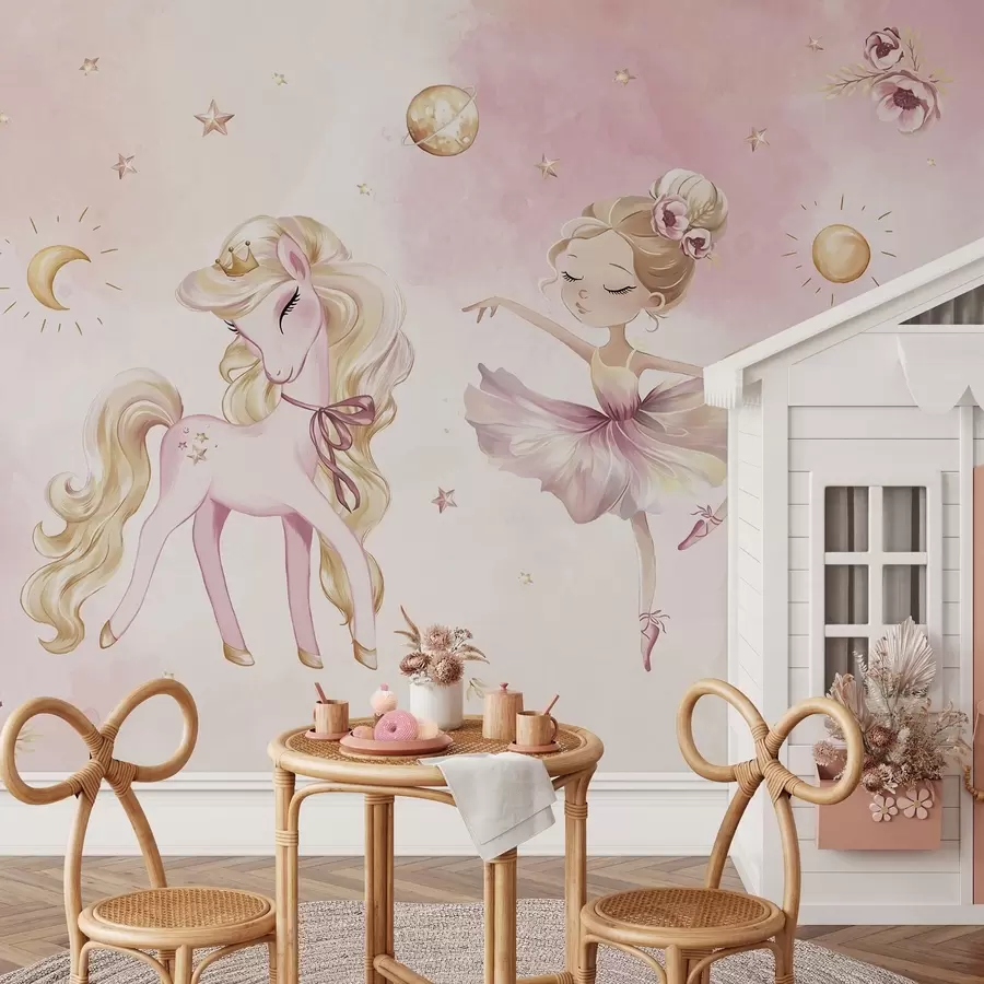 Valokuvatapetti Yksisarvinen ja ballerina vaaleanpunaisessa sadussa, lasten satu w04196