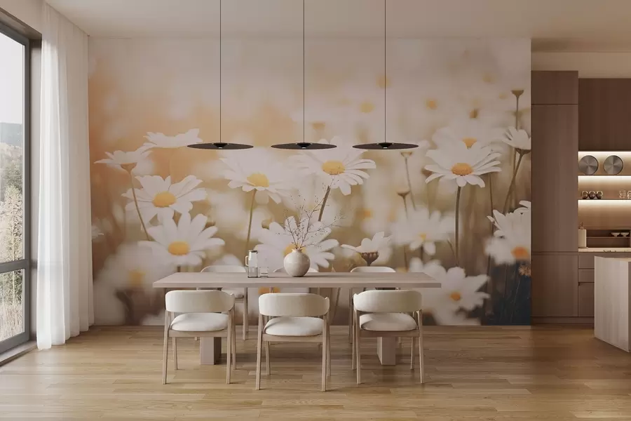 Valokuvatapetti Villiä päivänkakkaroita vaalealla taustalla pehmeällä tarkennustehosteella w04161