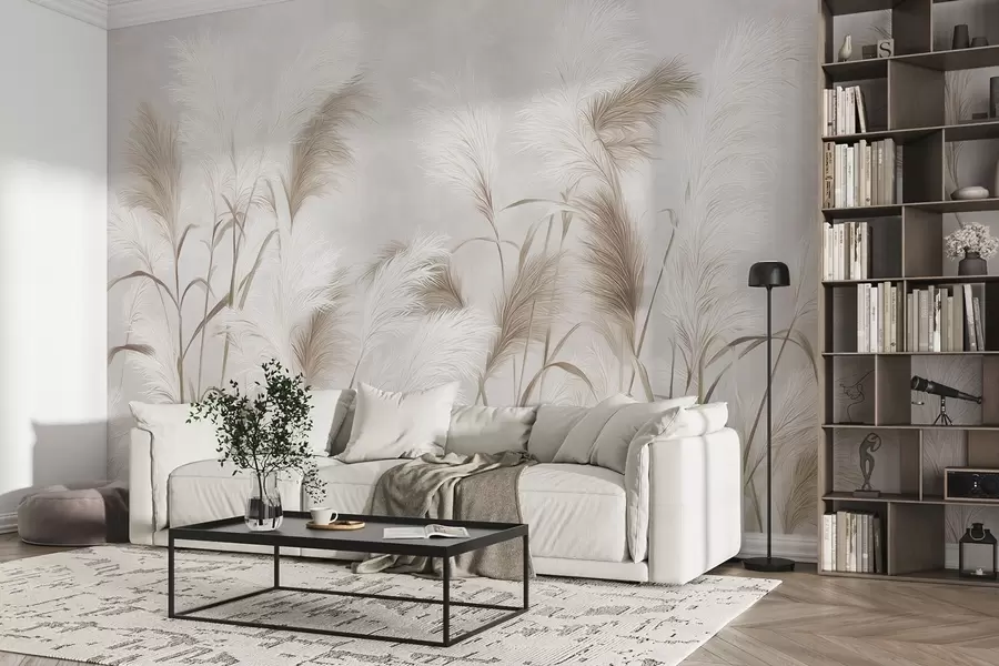 Valokuvatapetti Elegantti pampasruoho kukkii harmaan ja ruskean sävyissä w09150