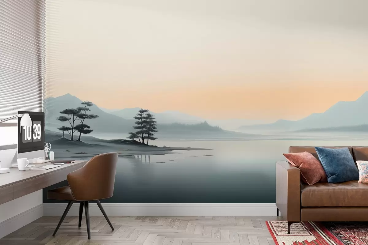 Valokuvatapetti Minimalistinen maisema, jossa sumuisia vuoria ja järvi w09151