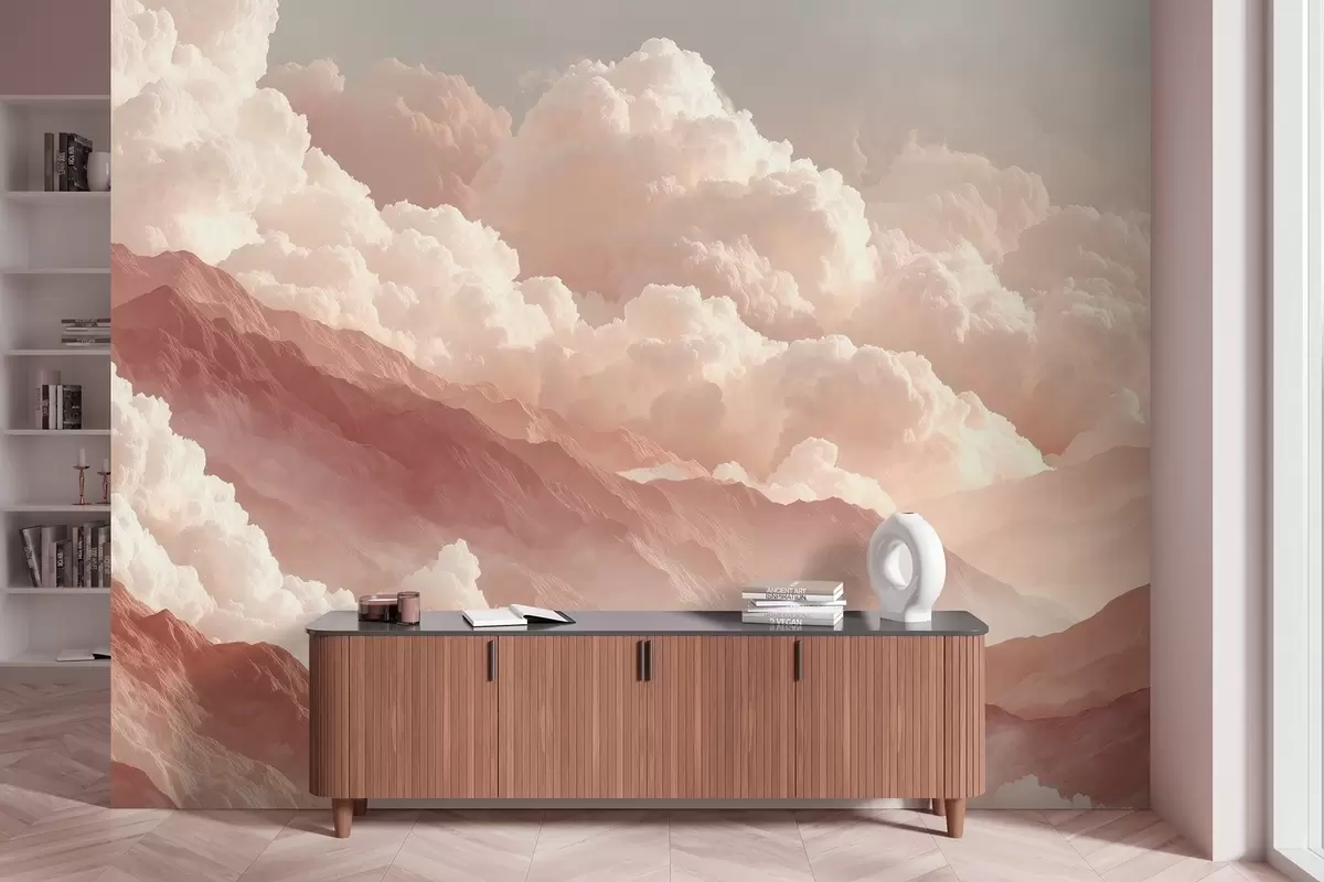 Valokuvatapetti Lämmin auringonnousu vuorten yllä pörröisten pilvien kanssa w09226