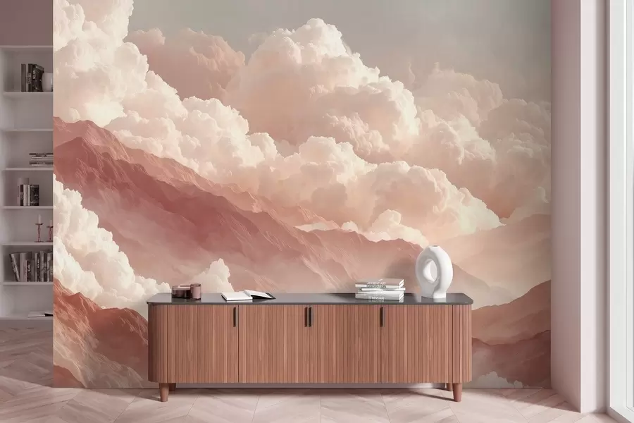 Valokuvatapetti Lämmin auringonnousu vuorten yllä pörröisten pilvien kanssa w09226