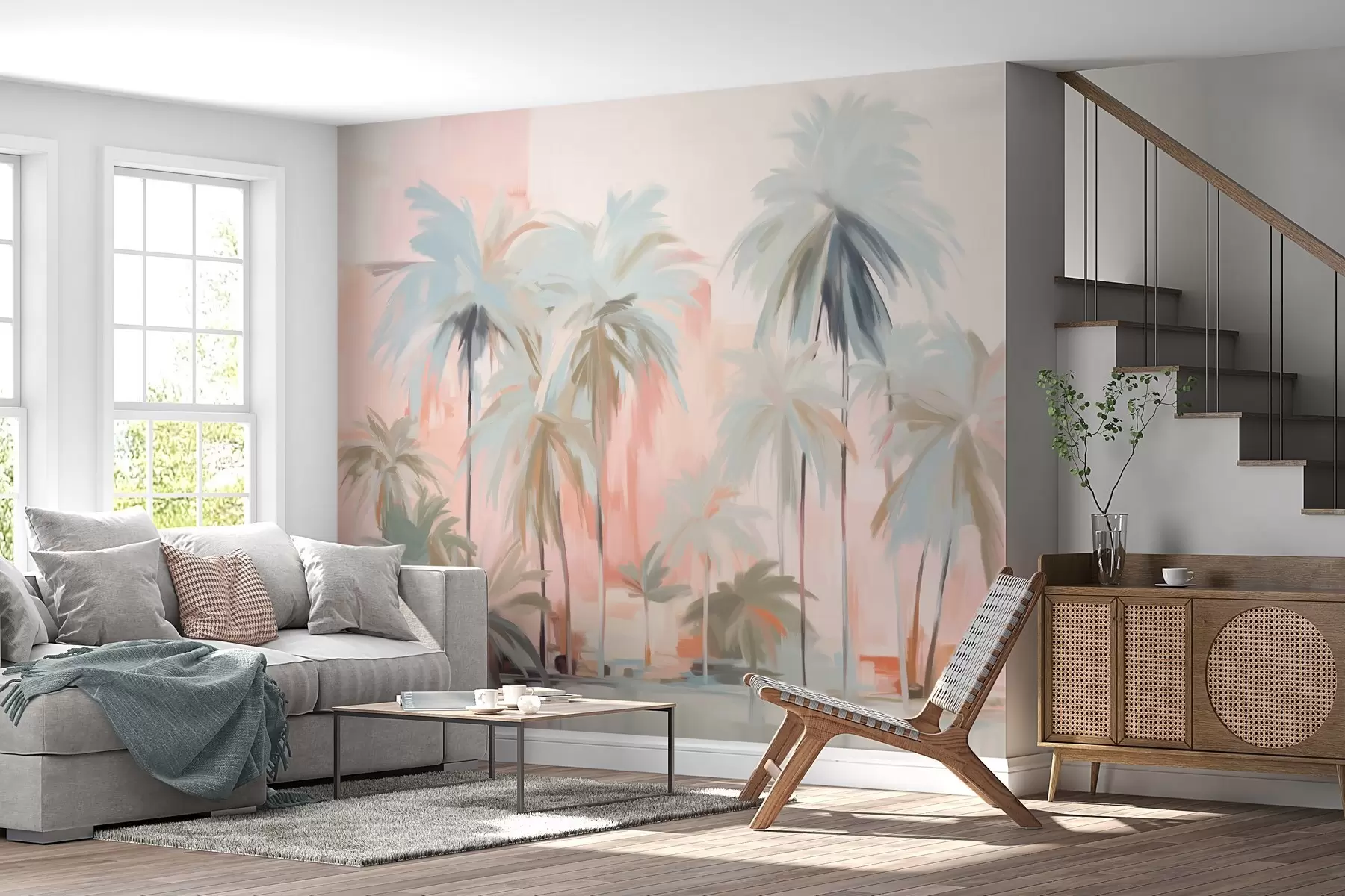 Valokuvatapetti Abstrakti minimalistinen pastelli trooppisia palmuja, taustalla pehmeän vaaleanpunainen ja persikka sävyjä w09212