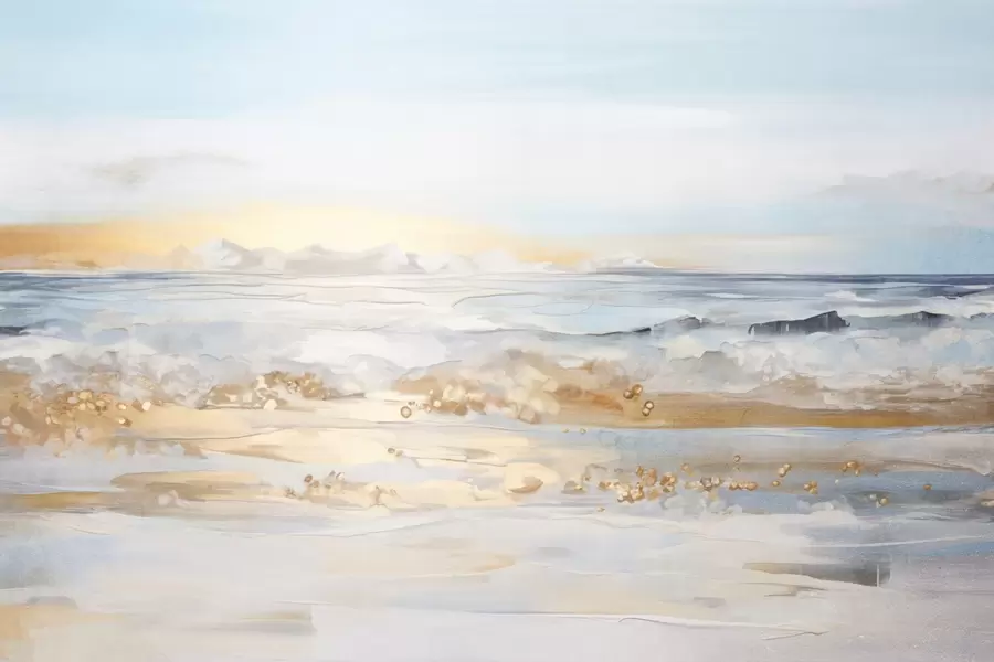 Valokuvatapetti Abstrakti kuvioitu maisema meren aallot törmäävät hiekkarannalla, pehmeät pastellivärit, sininen taivas ja kevyet pilvet w09234