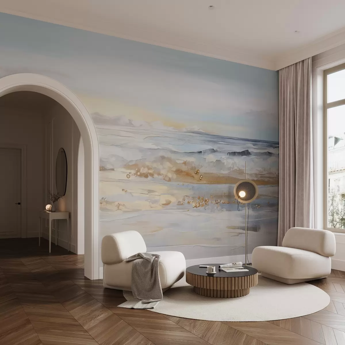 Valokuvatapetti Abstrakti kuvioitu maisema meren aallot törmäävät hiekkarannalla, pehmeät pastellivärit, sininen taivas ja kevyet pilvet w09234