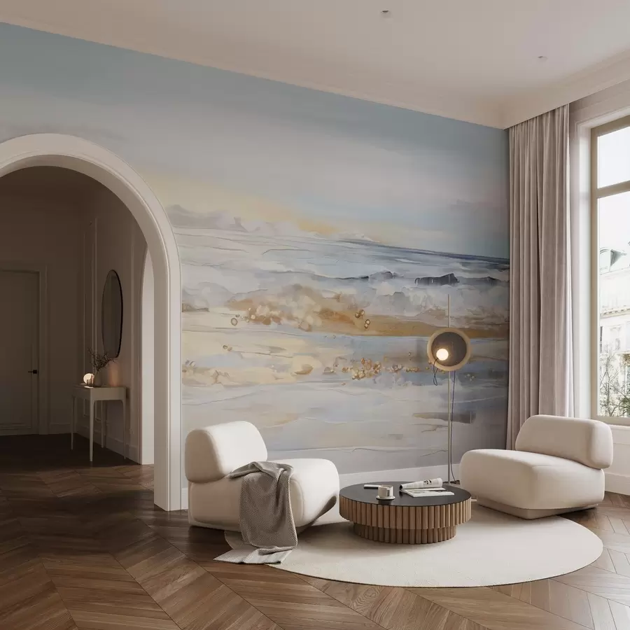 Valokuvatapetti Abstrakti kuvioitu maisema meren aallot törmäävät hiekkarannalla, pehmeät pastellivärit, sininen taivas ja kevyet pilvet w09234