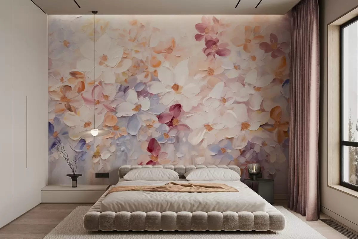 Valokuvatapetti Öljyvärimaalaus jäljitelmä kukkapuutarha valkoinen, vaaleanpunainen ja oranssi kukkia, pehmeä siveltimenvedot, pastelli hillittyjä värejä w09236