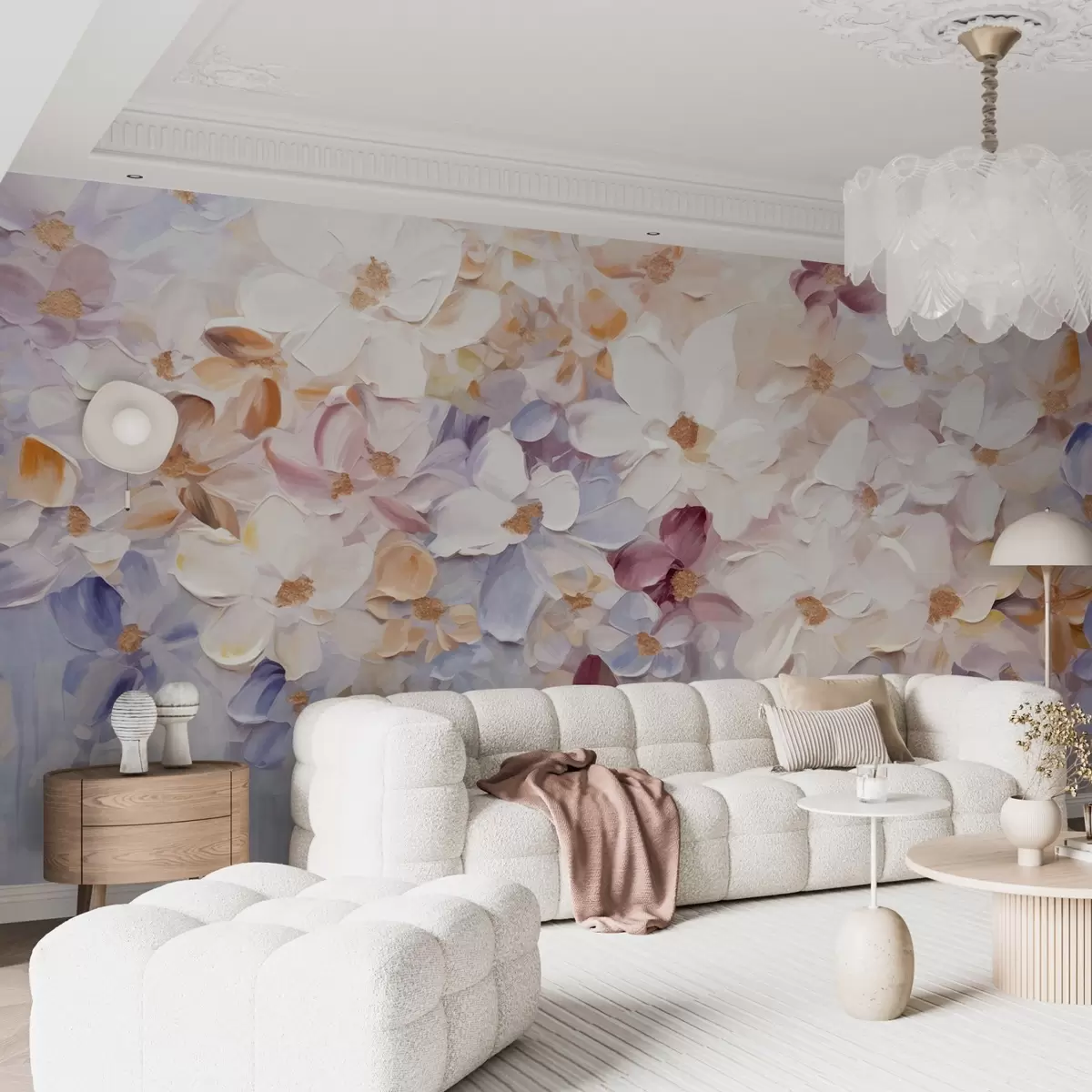 Valokuvatapetti Öljyvärimaalaus jäljitelmä kukkapuutarha valkoinen, vaaleanpunainen ja oranssi kukkia, pehmeä siveltimenvedot, pastelli hillittyjä värejä w09236