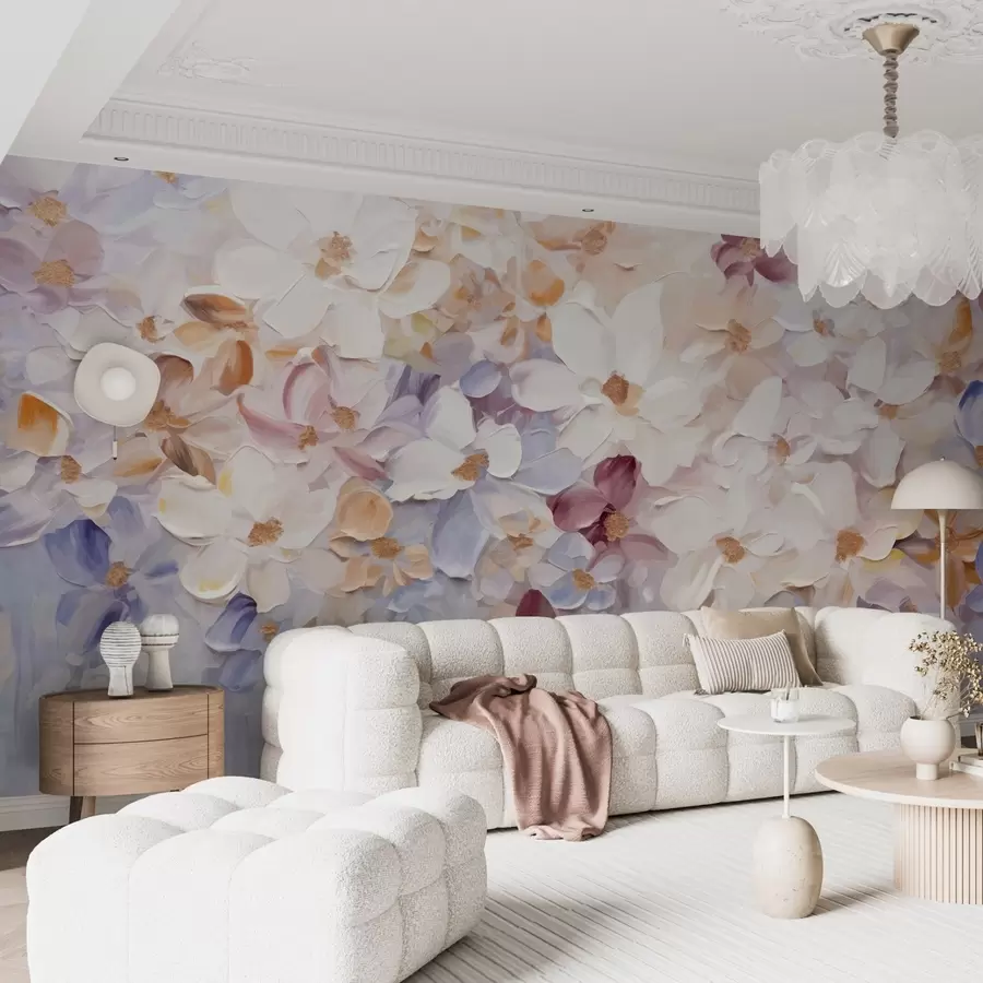 Valokuvatapetti Öljyvärimaalaus jäljitelmä kukkapuutarha valkoinen, vaaleanpunainen ja oranssi kukkia, pehmeä siveltimenvedot, pastelli hillittyjä värejä w09236