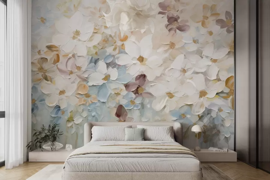 Valokuvatapetti Öljyvärimaalaus jäljitelmä kukkapuutarha valkoinen, sininen ja oranssi kukkia, pehmeä siveltimenvedot, pastelli hillittyjä värejä w09236v1