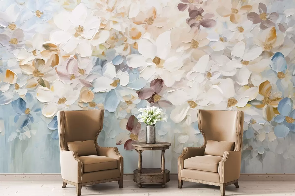 Valokuvatapetti Öljyvärimaalaus jäljitelmä kukkapuutarha valkoinen, sininen ja oranssi kukkia, pehmeä siveltimenvedot, pastelli hillittyjä värejä w09236v1