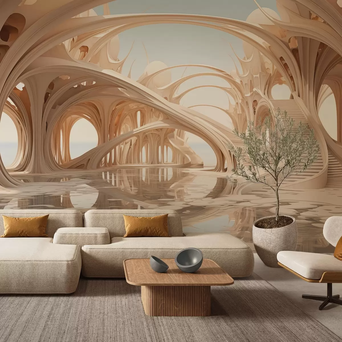 Valokuvatapetti Fantasia-arkkitehtuuri kaaria veden yläpuolella w09241