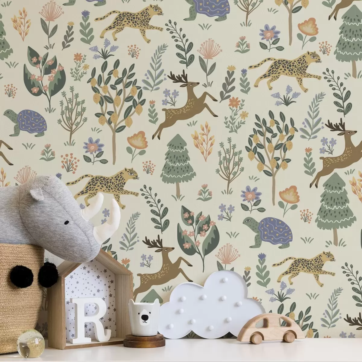 Taustakuva Retro kuvitus leopardeja, puita ja peuroja kanssa a00184