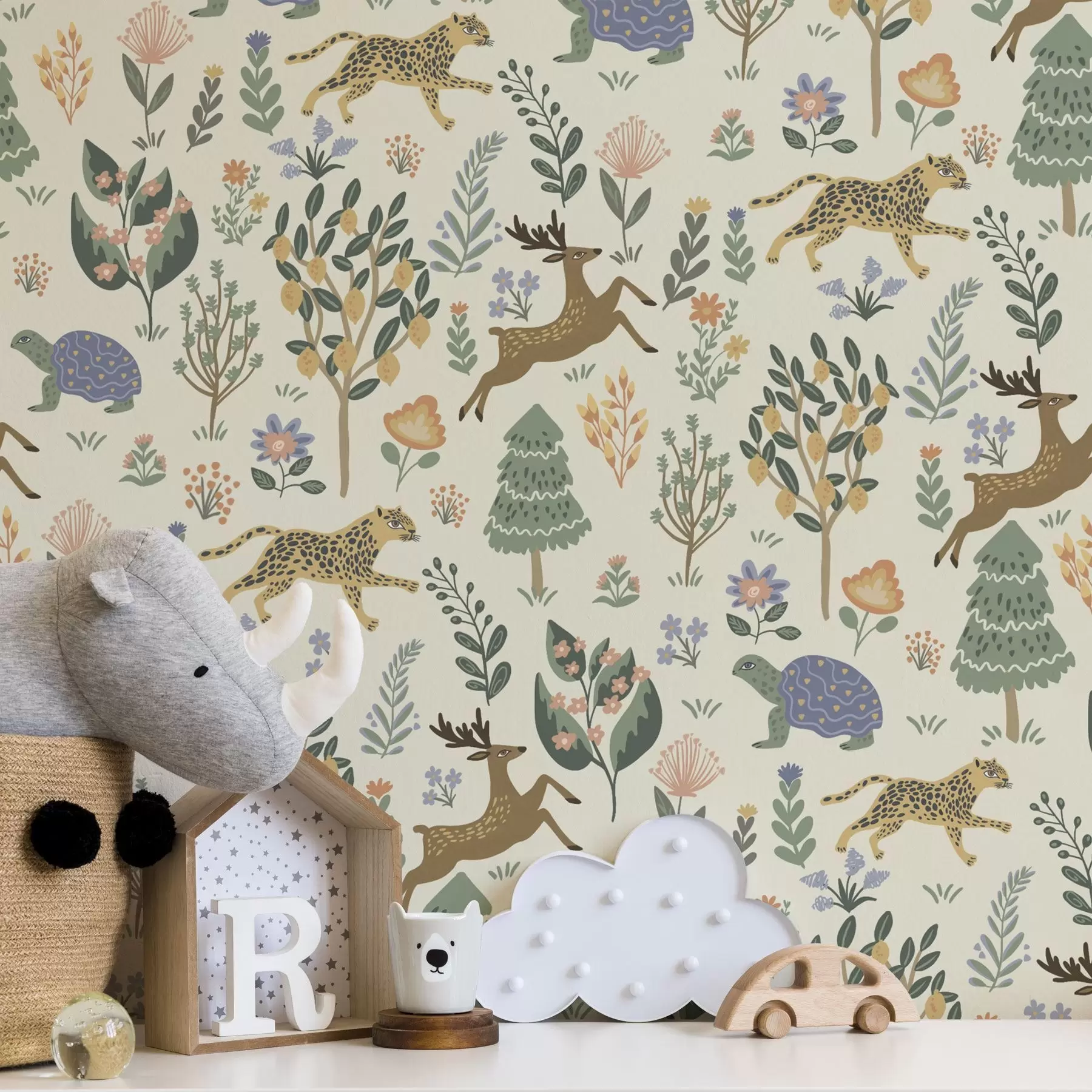 Valokuvatapetti Retro kuvitus leopardeja, puita ja peuroja kanssa a00184