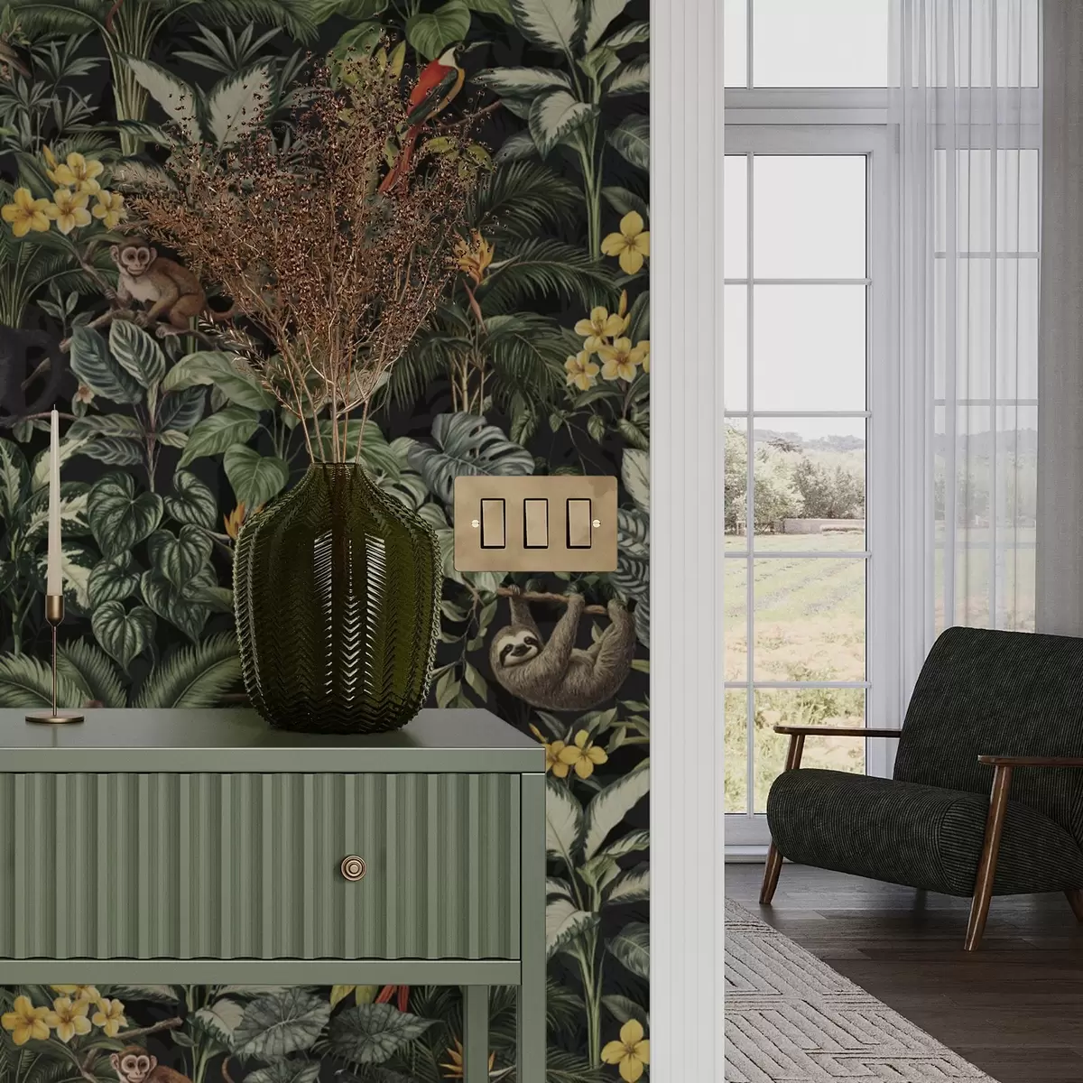 Taustakuva Trooppinen viidakko, jossa on apinoita, lintuja ja tiheää lehtimetsää a00191