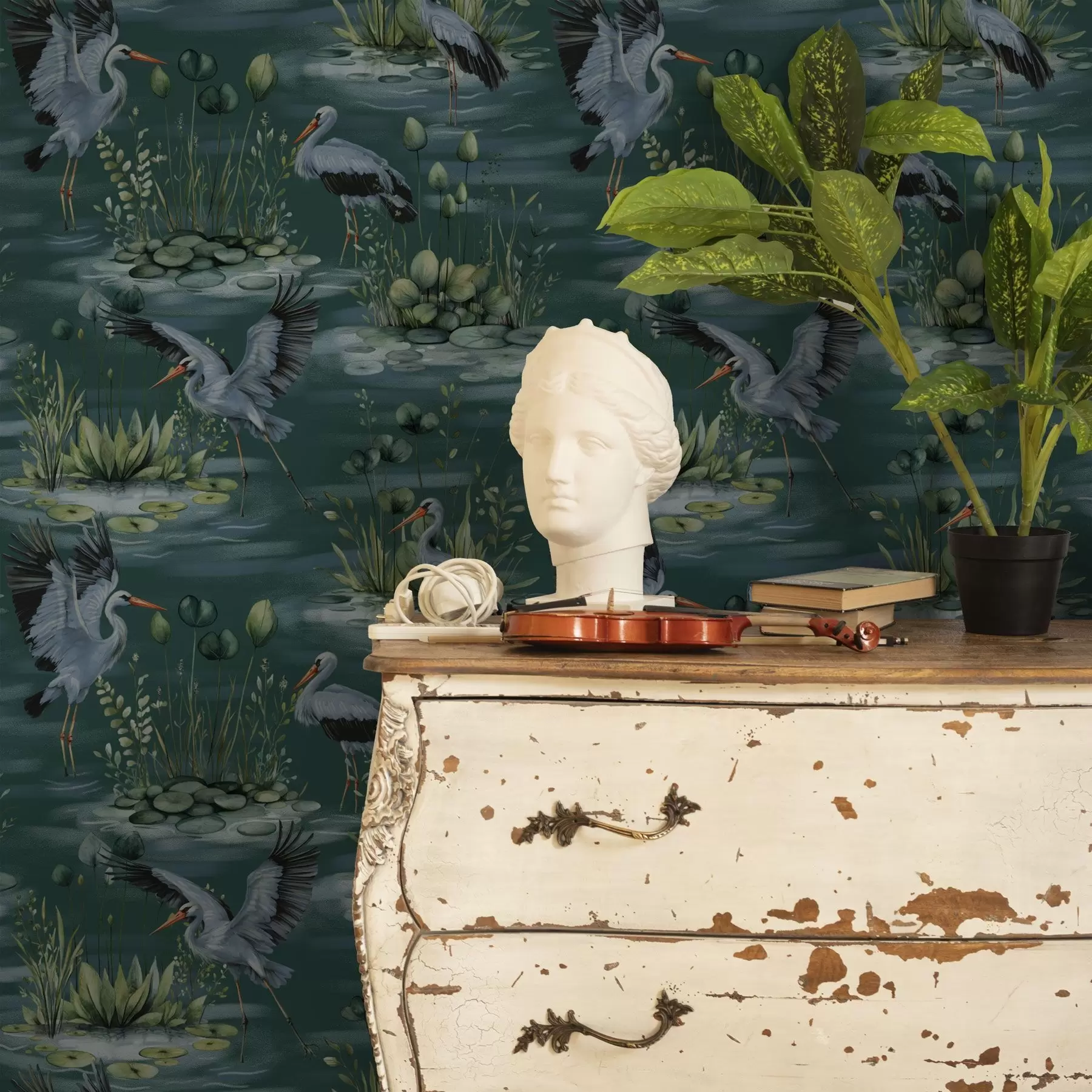 Valokuvatapetti Kohtauksia, joissa haikaroita taustalla lammet ja vesililjat a00202