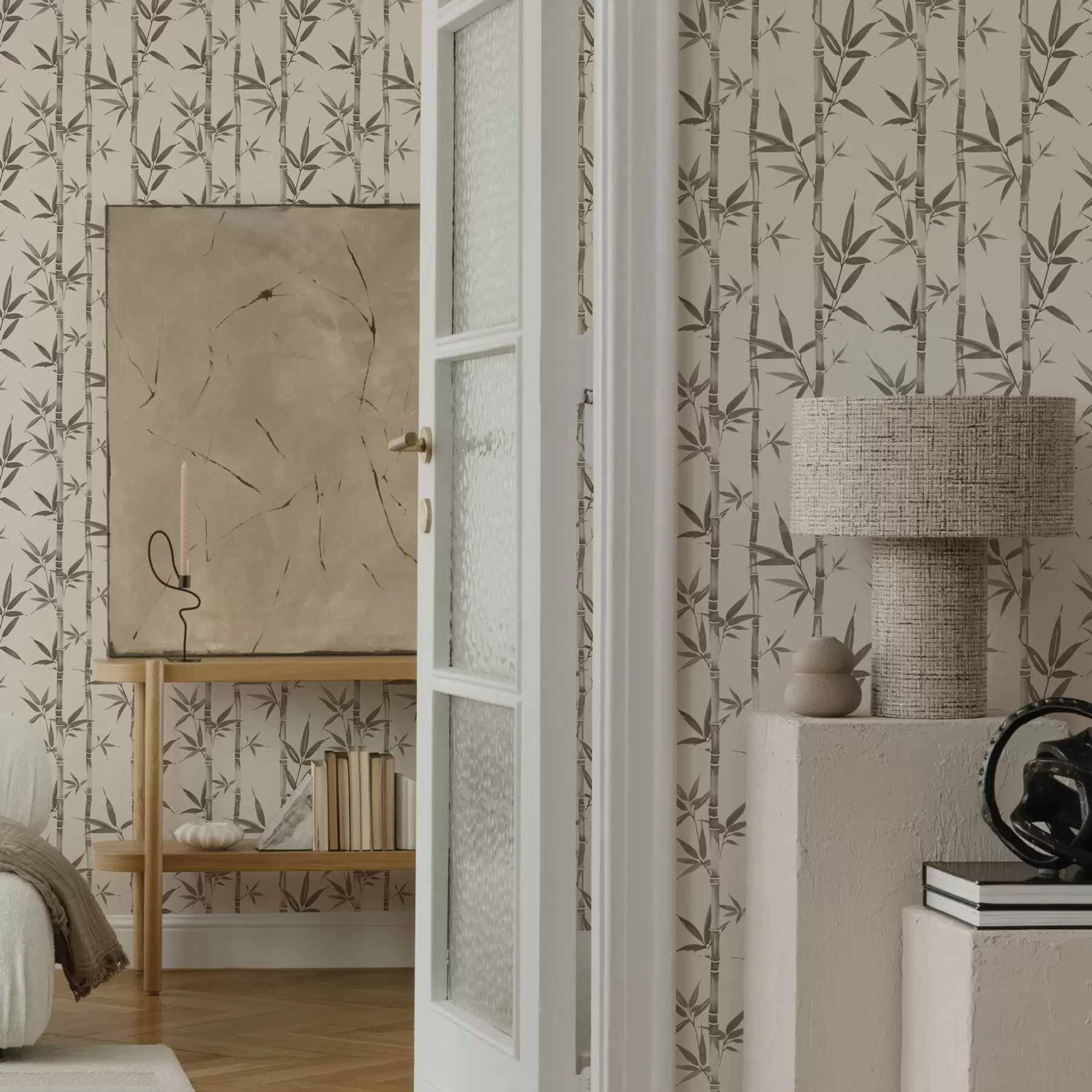 Valokuvatapetti Beige bambukuvio, jossa on japanilaistyylisiä lehtiä a00236