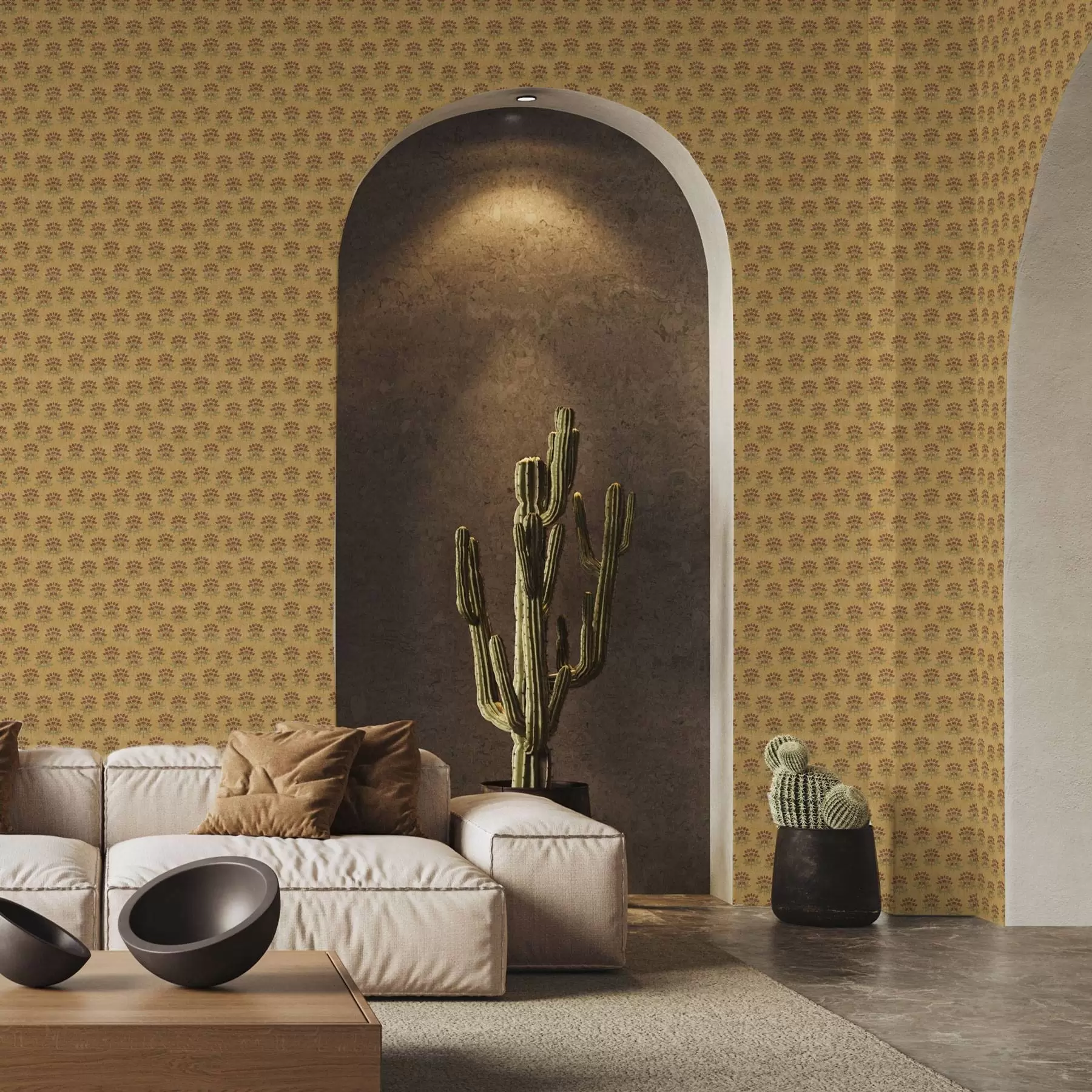 Valokuvatapetti Retro kukka kuvio lootuksia keltaisella taustalla a00238