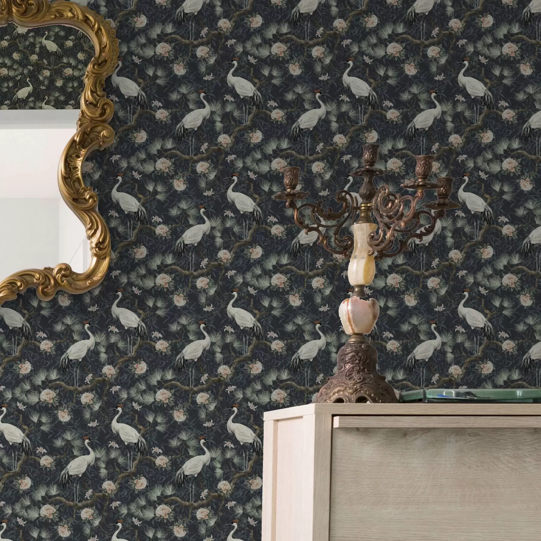 Valokuvatapetti Kurjet mäntyjen ja pionien keskellä tummalla taustalla a00241