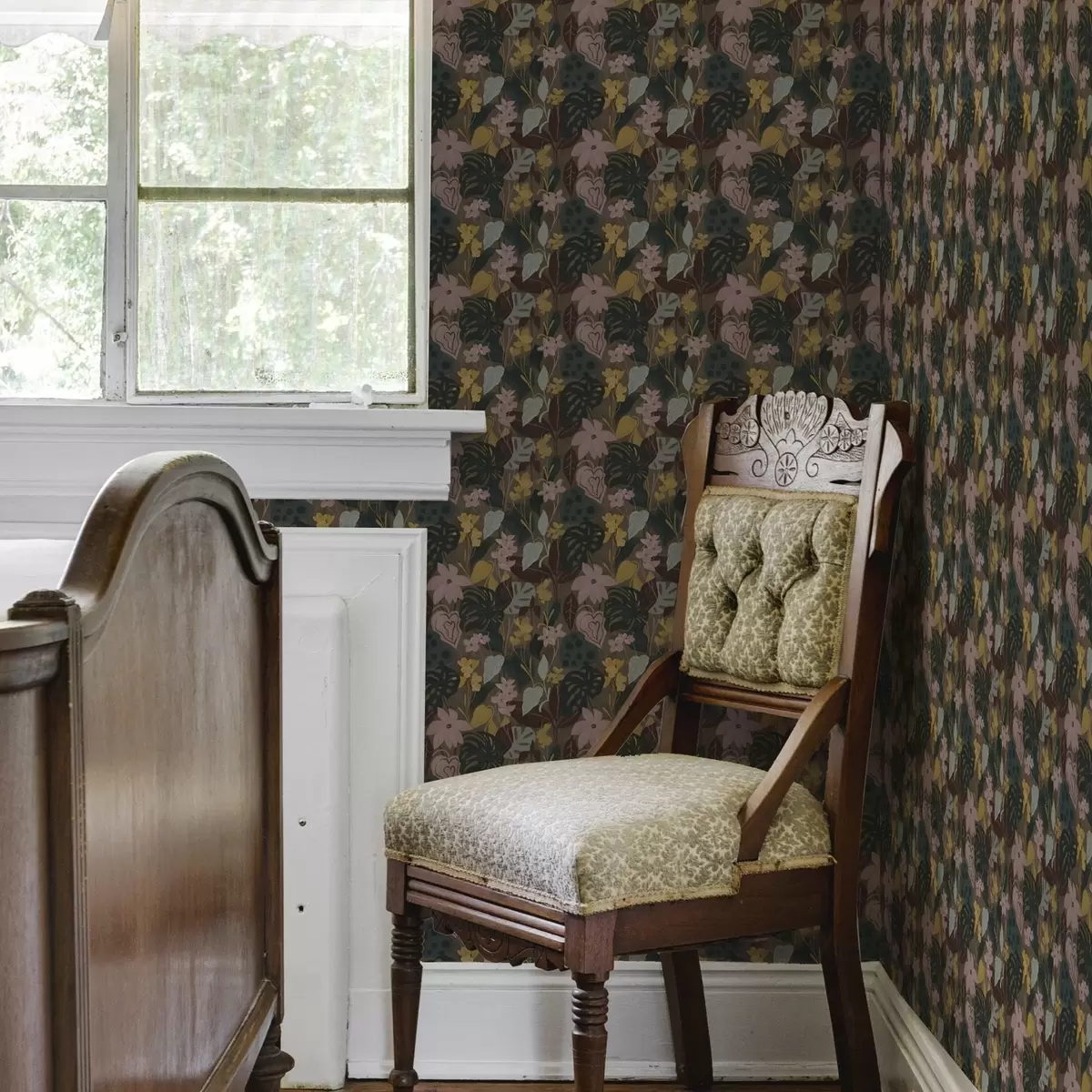 Taustakuva Tumma trooppinen lehdet ja kukat tiheä maalaus tiheä maalaus a00244