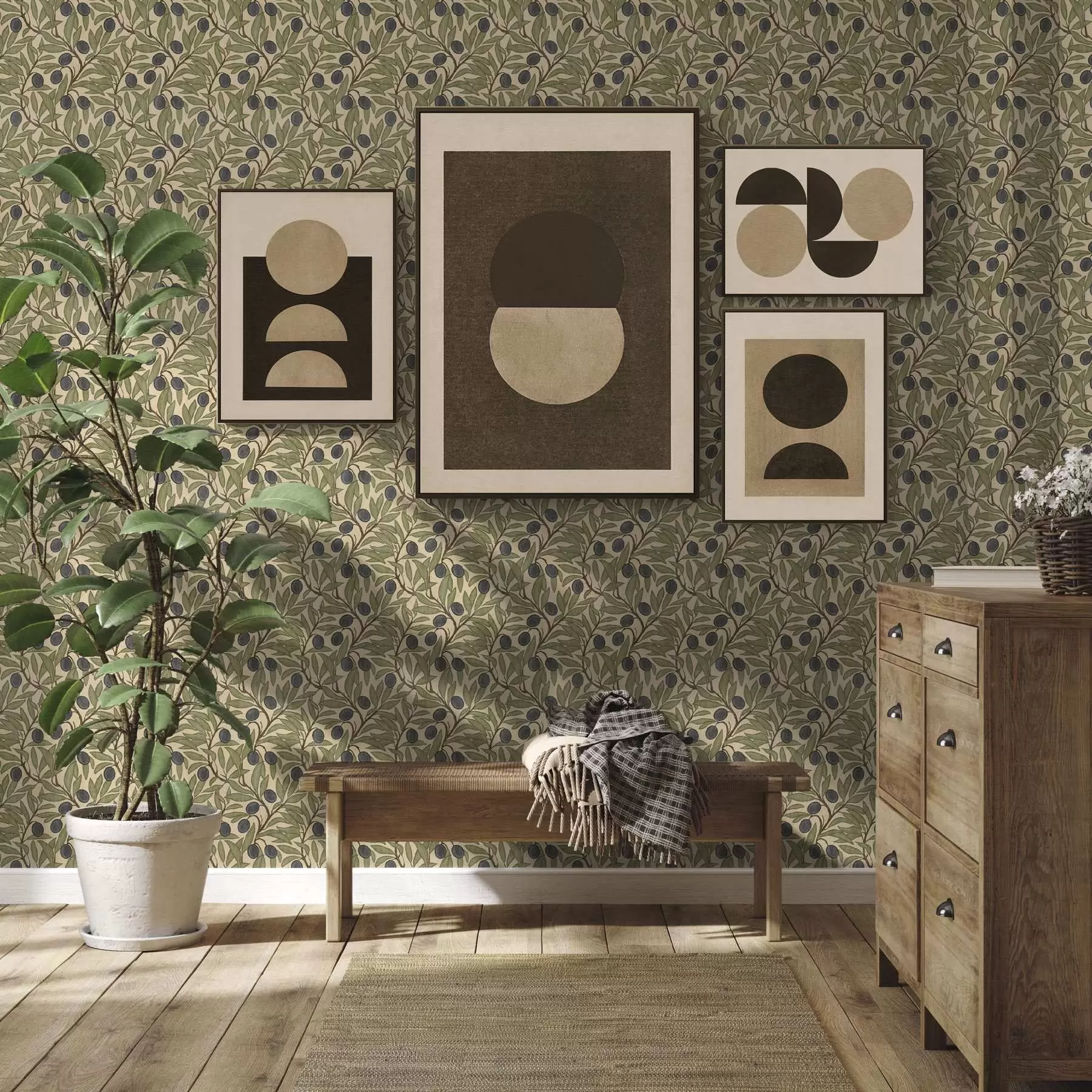 Valokuvatapetti Oliivit oksilla lämpimässä oliivipaletissa a00246