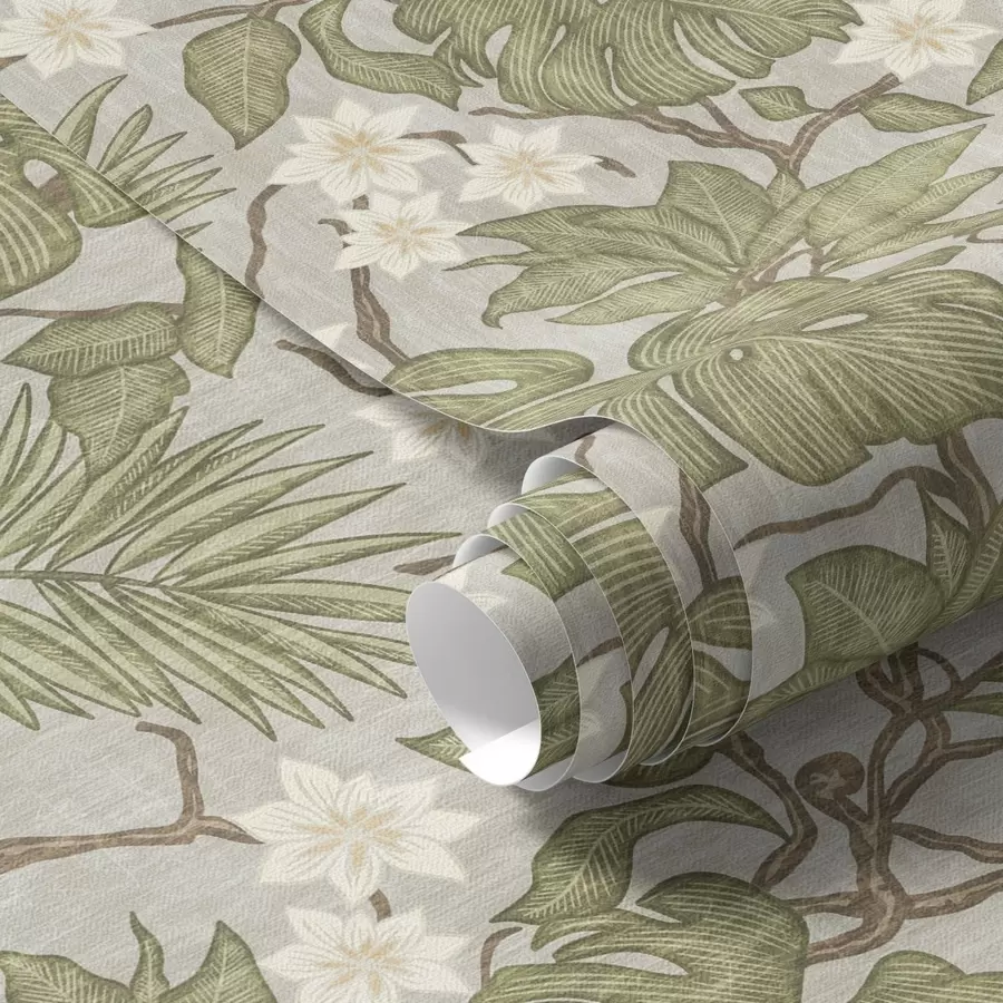 Valokuvatapetti Trooppisen monsteran lehtiä ja kukkia harmaalla taustalla a00249