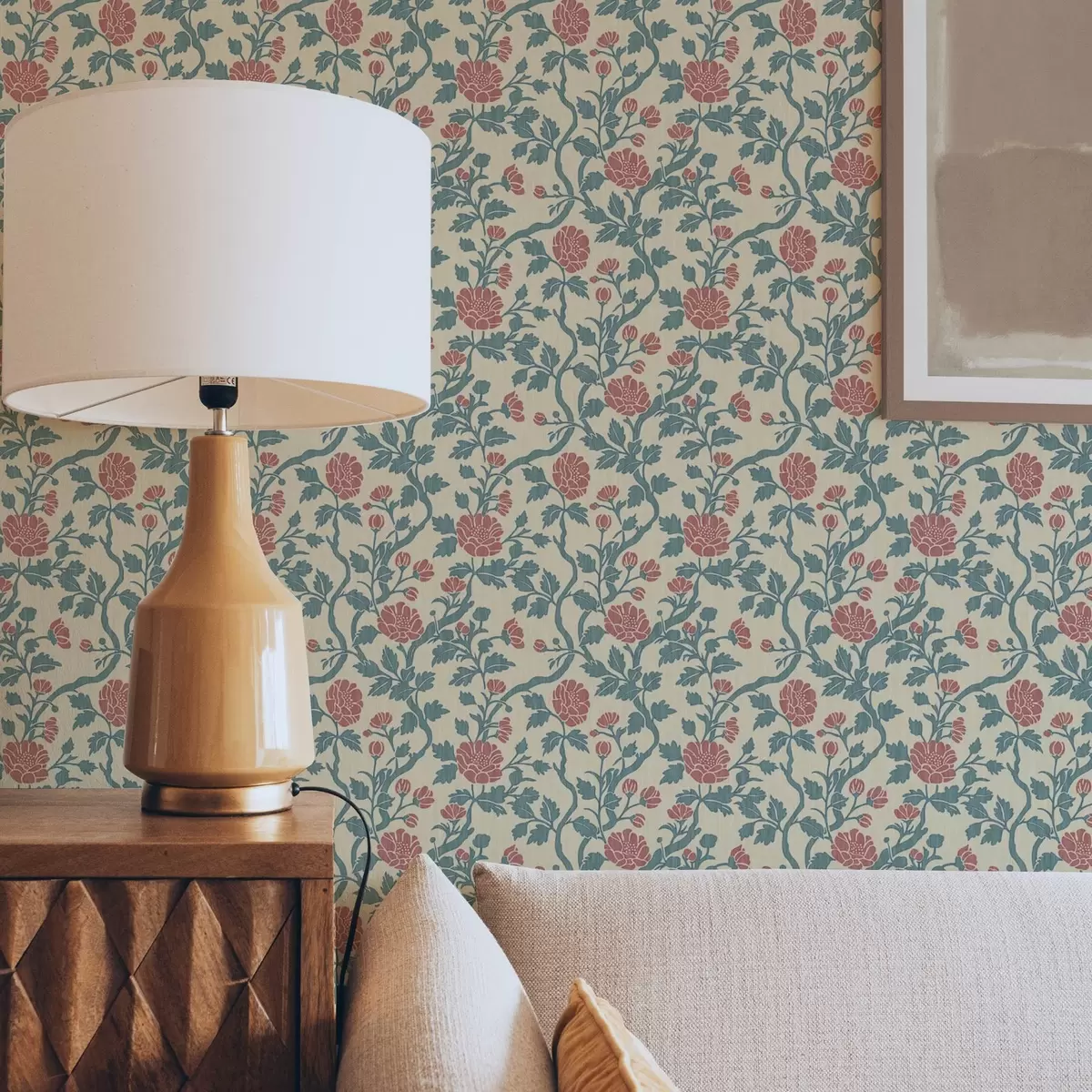 Taustakuva Retro-kuvio, jossa on punaisia ja vihreitä kukkia a00250