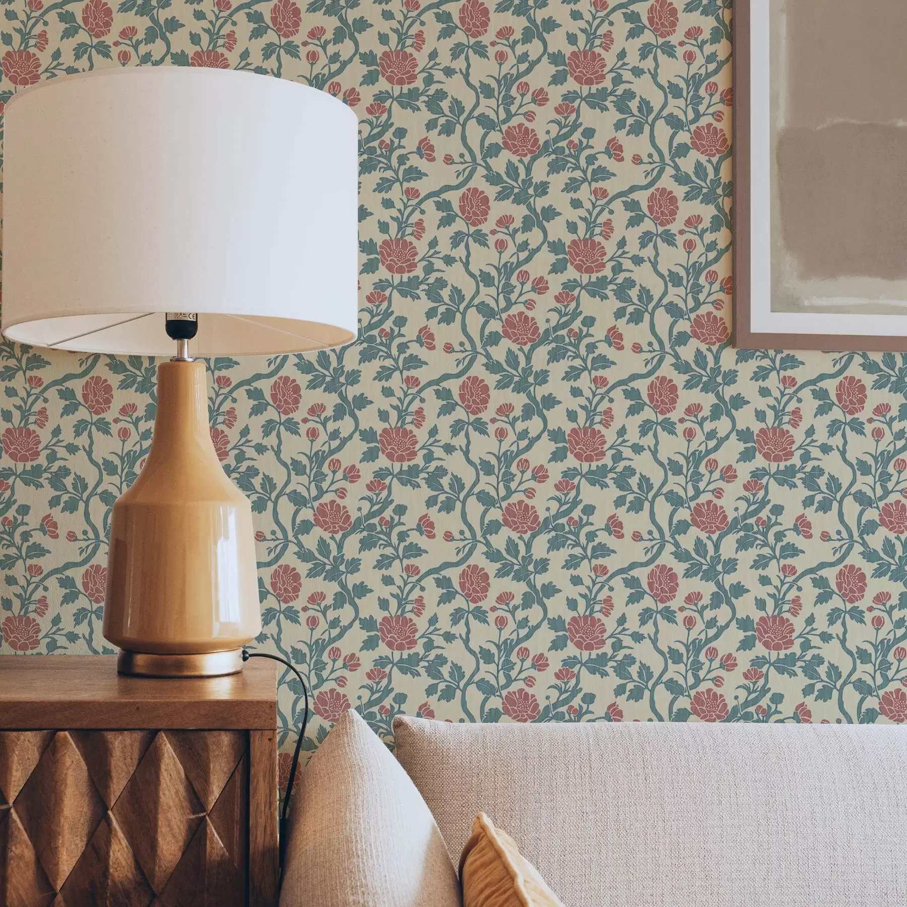 Valokuvatapetti Retro-kuvio, jossa on punaisia ja vihreitä kukkia a00250