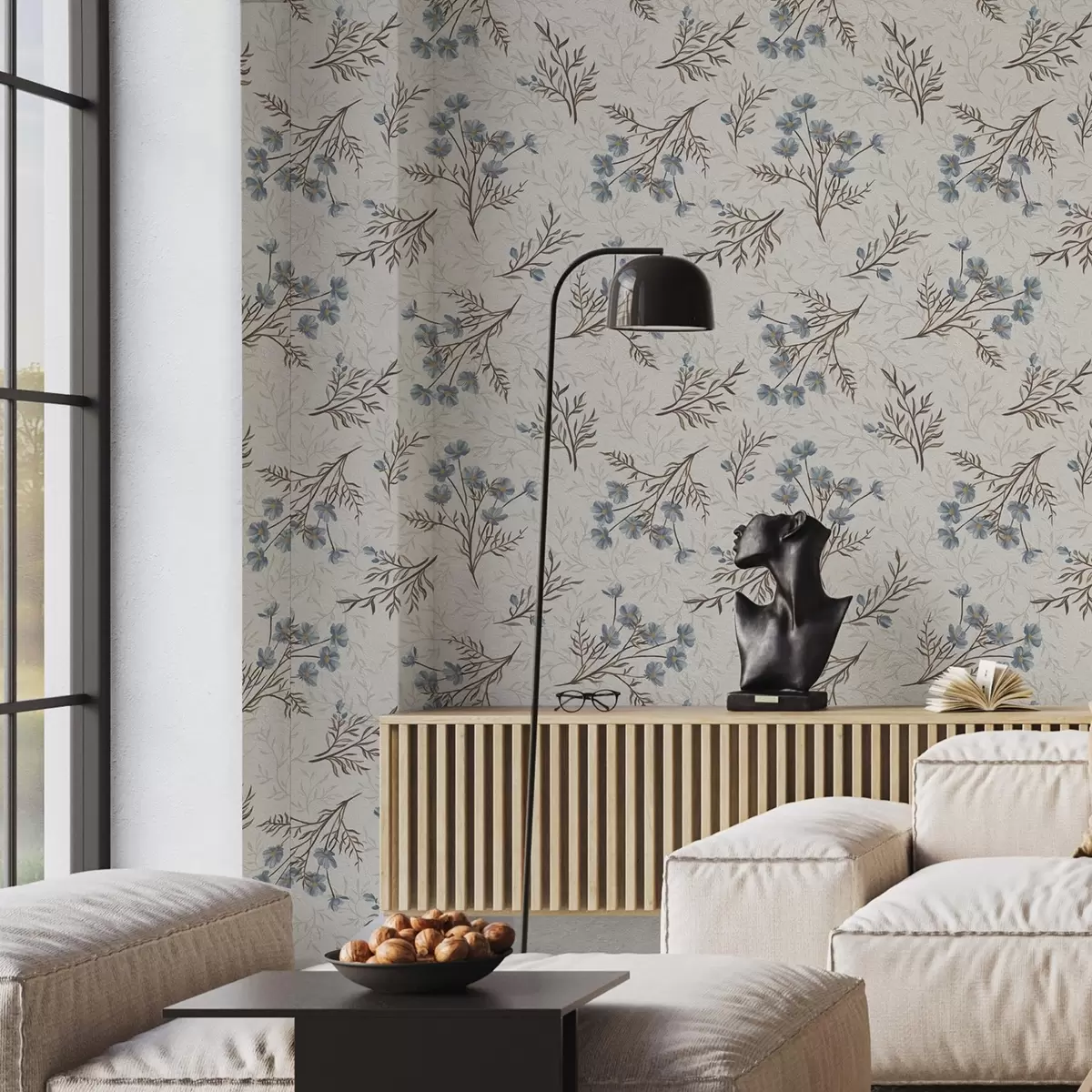 Taustakuva Sinisiä kukkia ja kevyitä oksia valkoisella pohjalla a00265v1