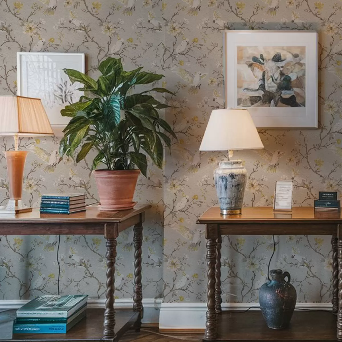 Taustakuva Papukaijat ja keltaisia kukkia vaalealla taustalla a00270