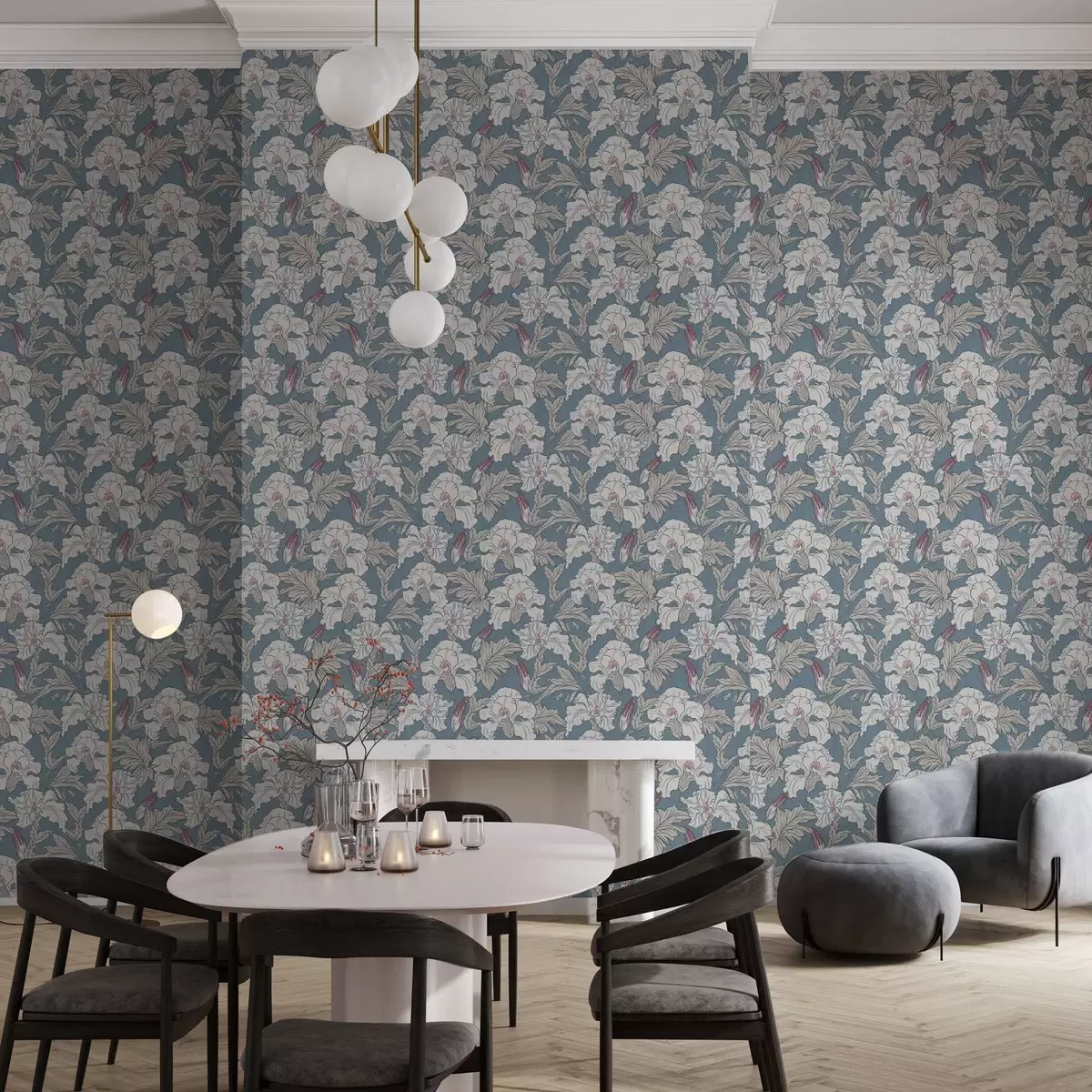 Taustakuva Valkoinen hibiskus sinisellä pohjalla, jossa on ääriviivakuviointi a00272v1