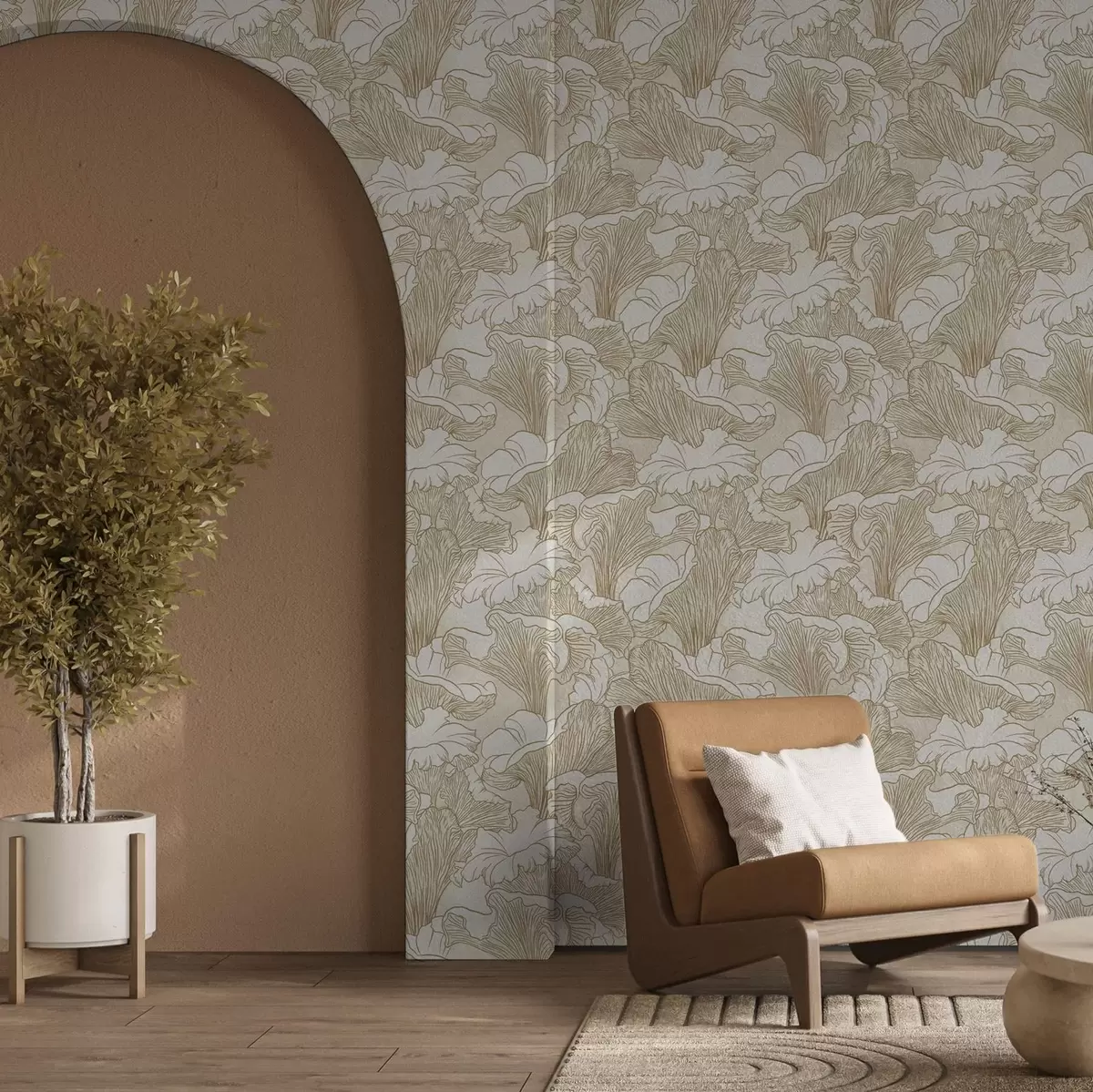 Taustakuva Kanttarelli sienet, viivapiirros kermanvärisellä pohjalla a00275