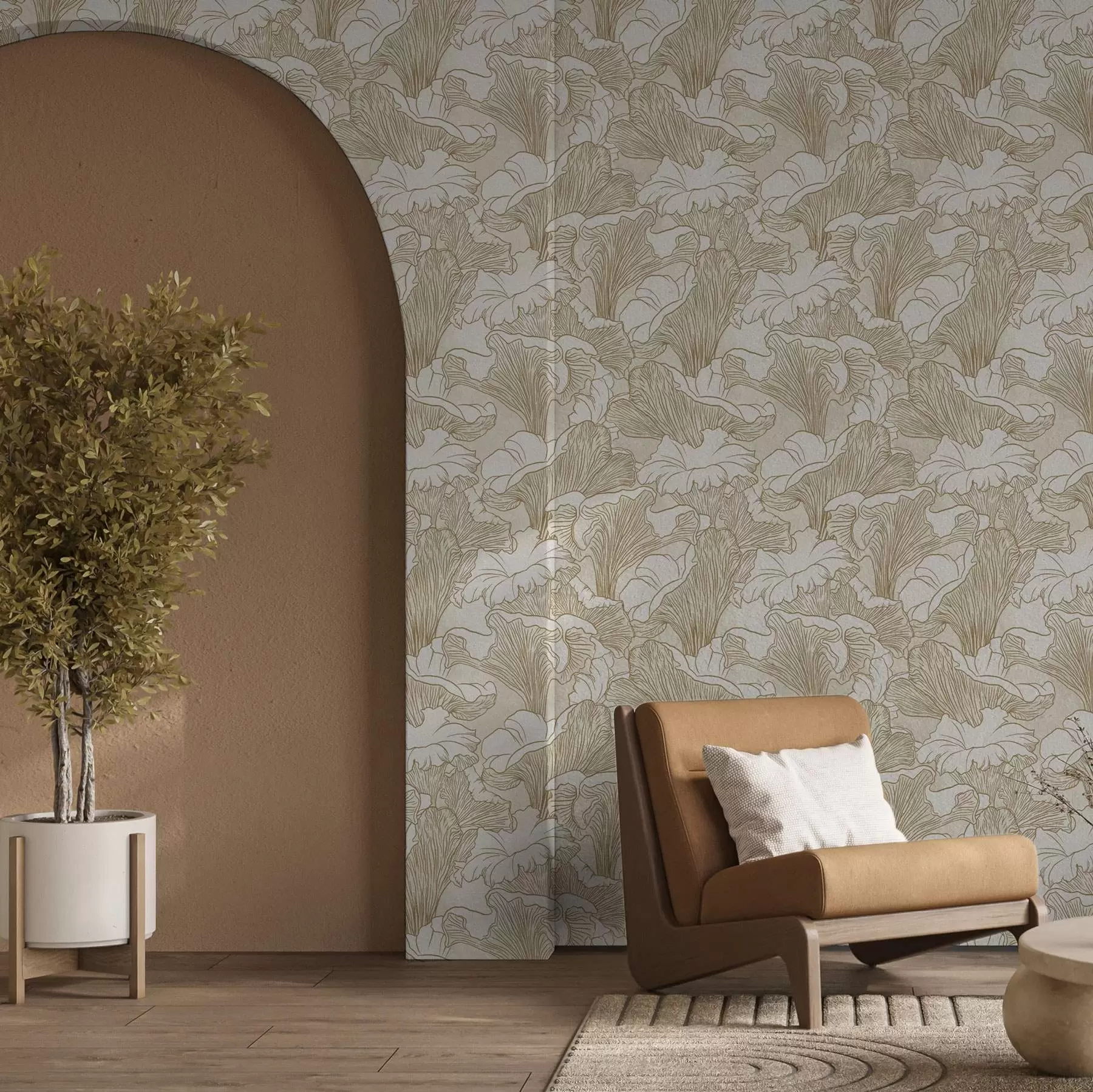 Valokuvatapetti Kanttarelli sienet, viivapiirros kermanvärisellä pohjalla a00275