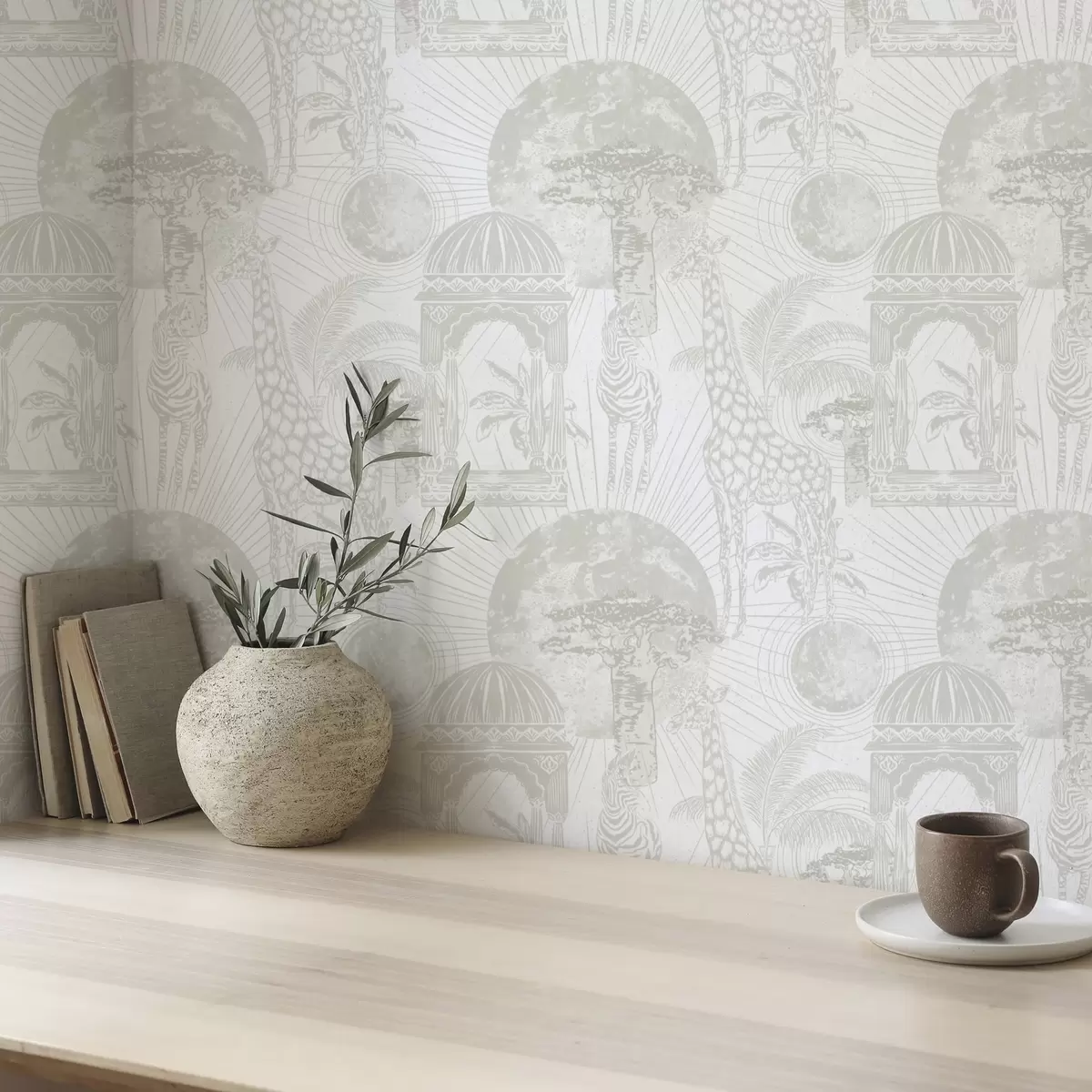 Taustakuva Graafinen kuvitus, jossa kirahvi, seepra ja palmuja a00276v1