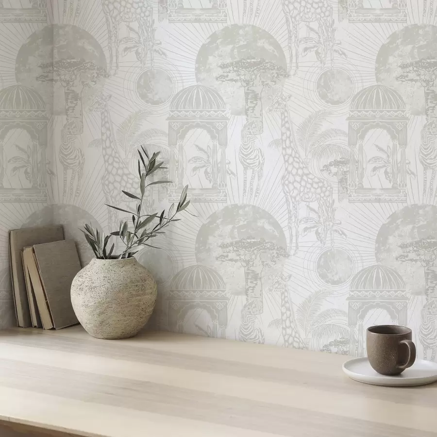 Valokuvatapetti Graafinen kuvitus, jossa kirahvi, seepra ja palmuja a00276v1