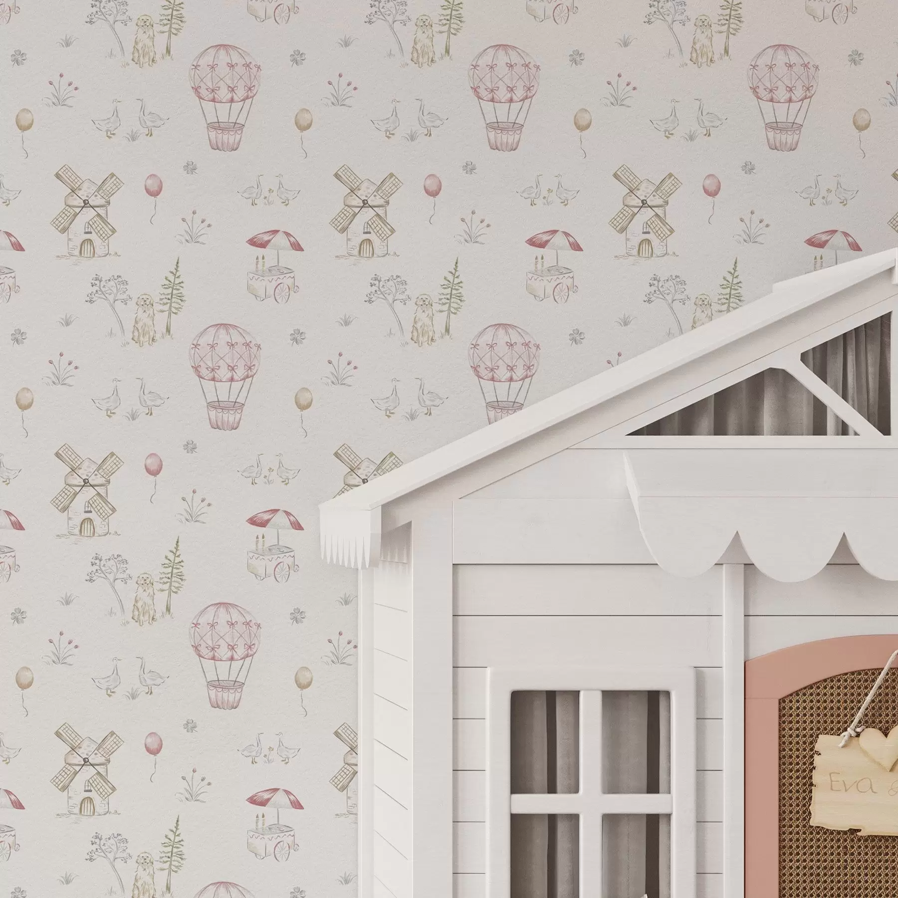 Valokuvatapetti Lasten kuvitukset: Koira, ankat, pallot, mylly a00278