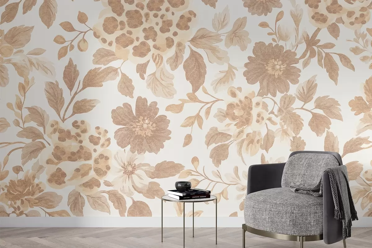 Valokuvatapetti Boho tyyli kukkia leopardipainatuksella, beige väri w04114