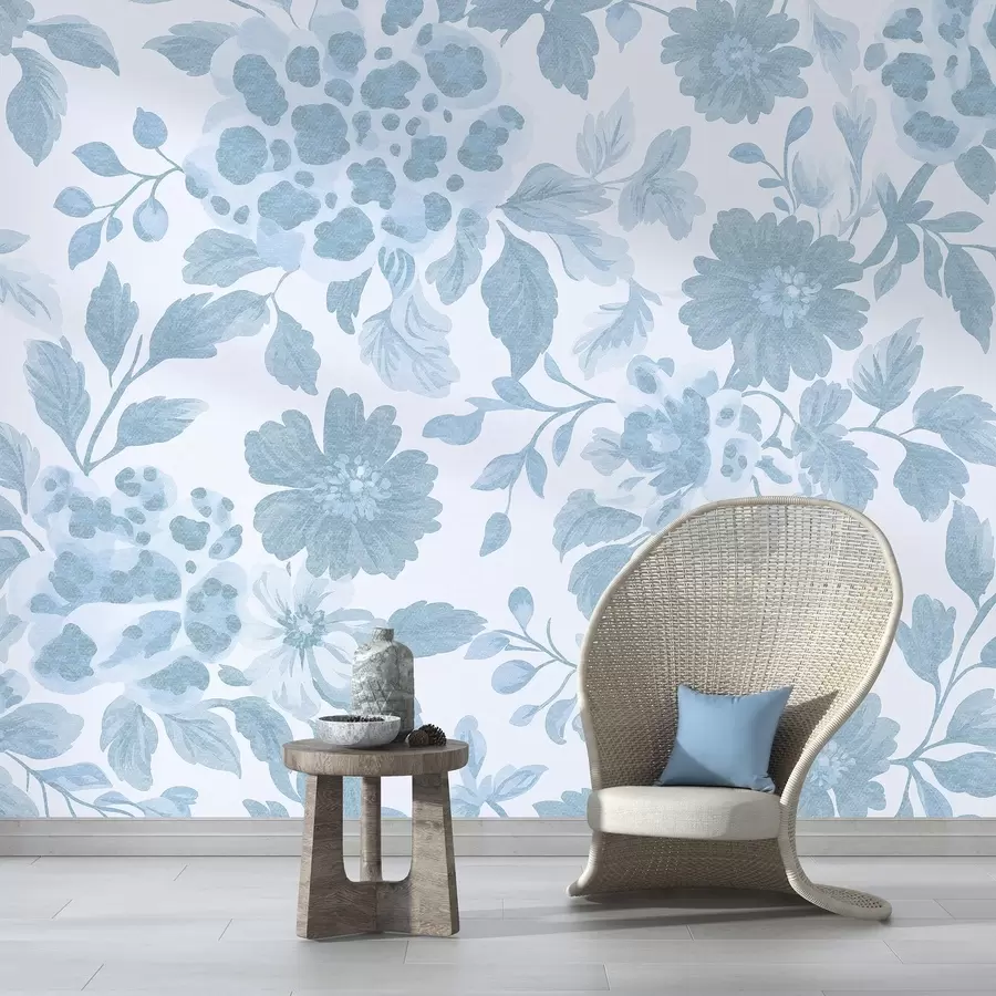 Valokuvatapetti Boho tyyli kukkia leopardipainatuksella, sininen väri w04114v1