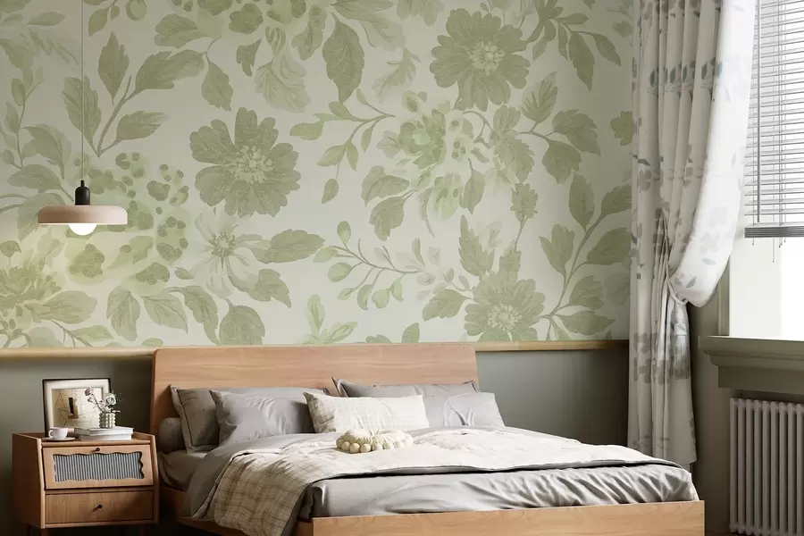 Valokuvatapetti Boho tyyli kukkia leopardipainatuksella, vihreä väri w04114v2