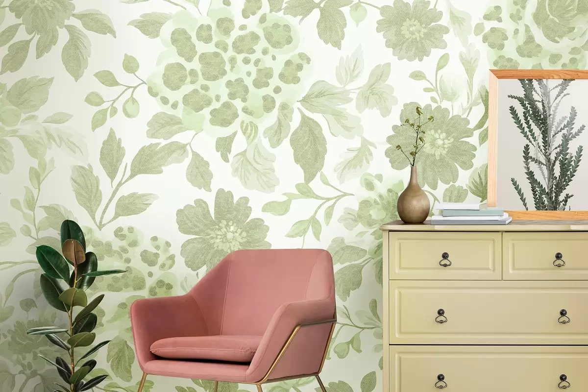 Valokuvatapetti Boho tyyli kukkia leopardipainatuksella, vihreä väri w04114v2