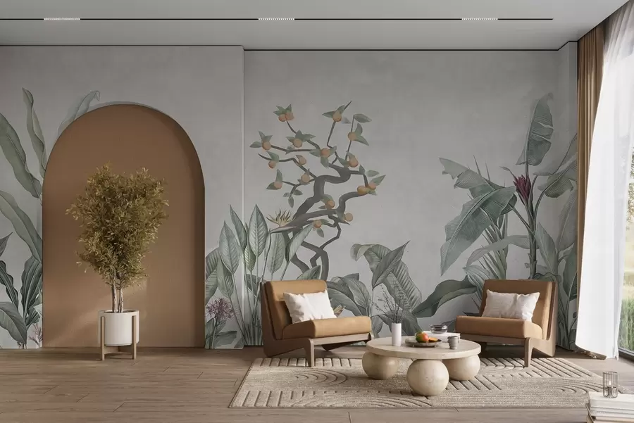 Valokuvatapetti Trooppisia kasveja ja oranssi puu vaalealla taustalla w04201