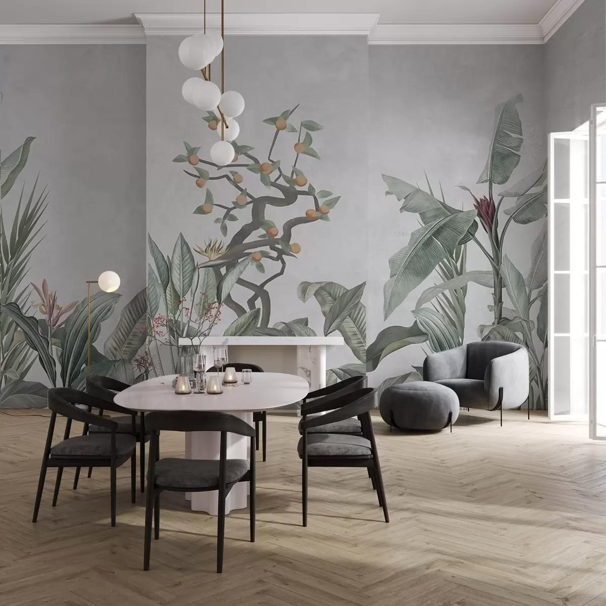 Valokuvatapetti Trooppisia kasveja ja oranssi puu vaalealla taustalla w04201