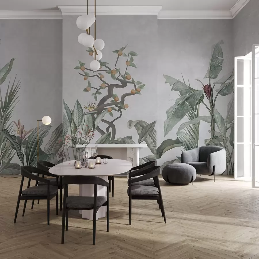 Valokuvatapetti Trooppisia kasveja ja oranssi puu vaalealla taustalla w04201