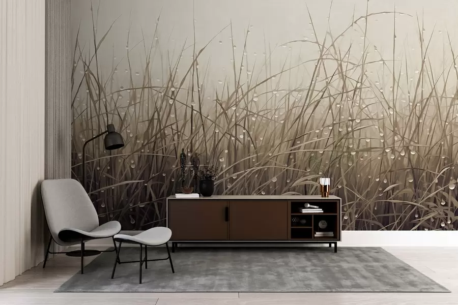 Valokuvatapetti Ruohoa ja vesipisaroita, vaimennettuja ruskeita sävyjä, pehmeä valo, sumuinen tausta, abstrakti minimalistinen kuvioitu tyyli w09217v1